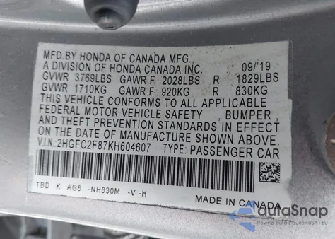 2019 Honda Civic Sport z USA, uszkodzony, nr VIN 2HGFC2F87KH604607